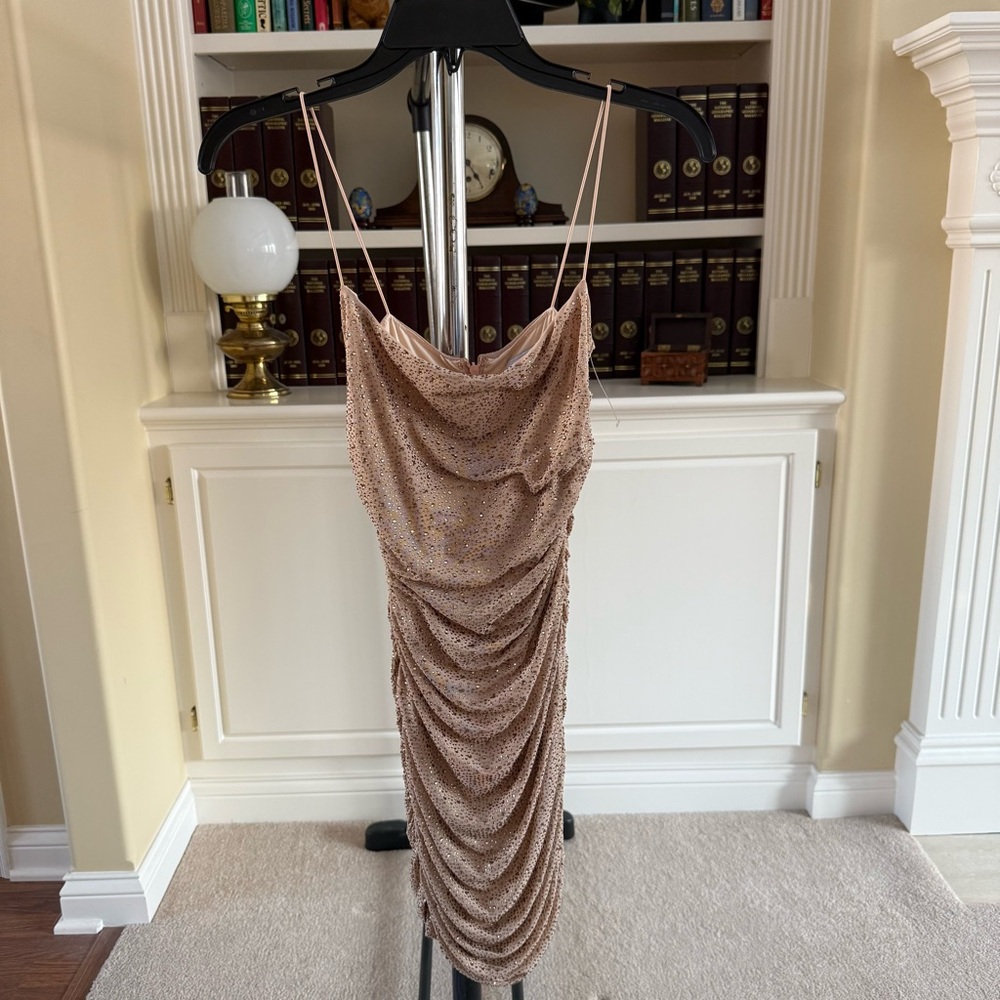 OH POLLY In the Spotlight" Ruched Mesh Embellished Mini Dress in Gold - Picture 2 of 5